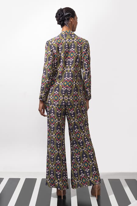 Shop_Nautanky_Black Crepe Embroidery Wild Orchid Blazer And Pant Co-ord Set _at_Aza_Fashions