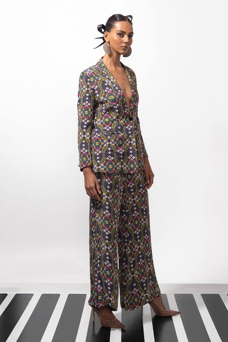 Nautanky_Black Crepe Embroidery Wild Orchid Blazer And Pant Co-ord Set _Online_at_Aza_Fashions