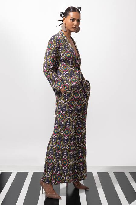 Buy_Nautanky_Black Crepe Embroidery Wild Orchid Blazer And Pant Co-ord Set _Online_at_Aza_Fashions