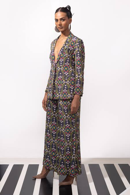 Shop_Nautanky_Black Crepe Embroidery Wild Orchid Blazer And Pant Co-ord Set _Online_at_Aza_Fashions