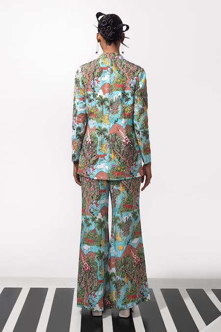 Nautanky_Blue Crepe Sequins, Beads, Embroidery Vixen Power Blazer And Pant Set _Online_at_Aza_Fashions