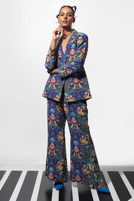 Buy_Nautanky_Blue Natural Crepe Bird, Animal, Forest It Is A Vibe Blazer And Pant Co-ord Set _Online_at_Aza_Fashions