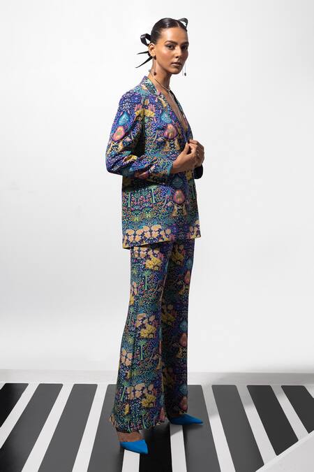 Shop_Nautanky_Blue Natural Crepe Bird, Animal, Forest It Is A Vibe Blazer And Pant Co-ord Set _Online_at_Aza_Fashions