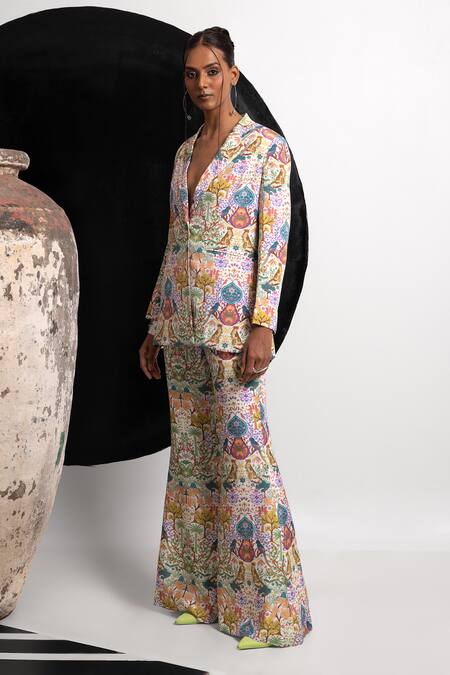 Shop_Nautanky_Ivory Crepe Embroidery Bold N Salty Blazer And Pant Co-ord Set _Online_at_Aza_Fashions