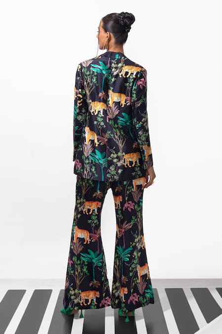Shop_Nautanky_Black Crepe Button-down Neck Tiger And Forest Print Blazer & Pant Set _at_Aza_Fashions