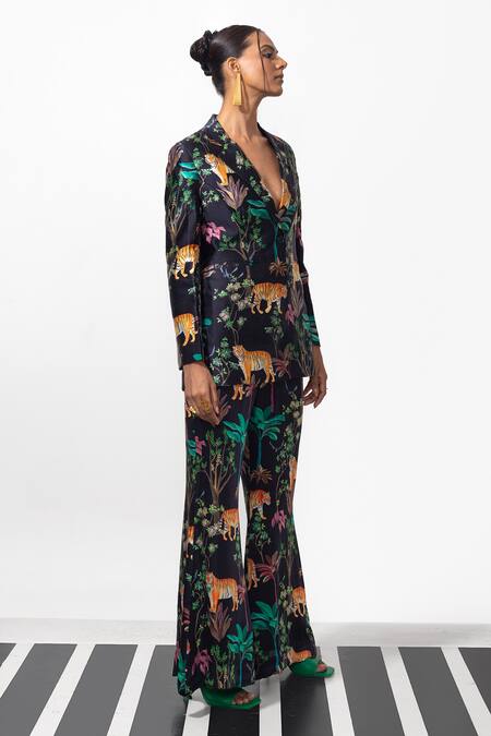 Nautanky_Black Crepe Button-down Neck Tiger And Forest Print Blazer & Pant Set _Online_at_Aza_Fashions