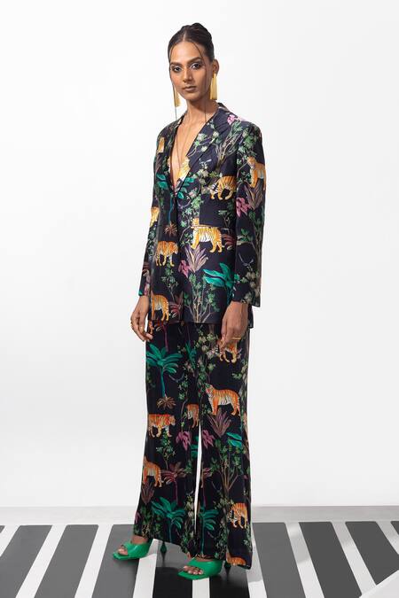 Buy_Nautanky_Black Crepe Button-down Neck Tiger And Forest Print Blazer & Pant Set _Online_at_Aza_Fashions