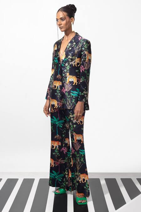 Shop_Nautanky_Black Crepe Button-down Neck Tiger And Forest Print Blazer & Pant Set _Online_at_Aza_Fashions