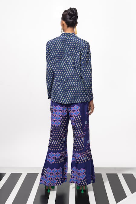 Shop Nautanky Blue Natural Crepe Floral Jaal Notched Lapel Livin Rent Free Blazer And Pant Set at Aza Fashions Shop_Nautanky_Blue Natural Crepe Floral Jaal Notched Lapel Livin Rent Free Blazer And Pant Set _at_Aza_Fashions