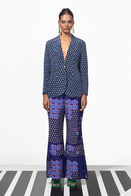 Nautanky Blue Natural Crepe Floral Jaal Notched Lapel Livin Rent Free Blazer And Pant Set Online at Aza Fashions Nautanky_Blue Natural Crepe Floral Jaal Notched Lapel Livin Rent Free Blazer And Pant Set _Online_at_Aza_Fashions