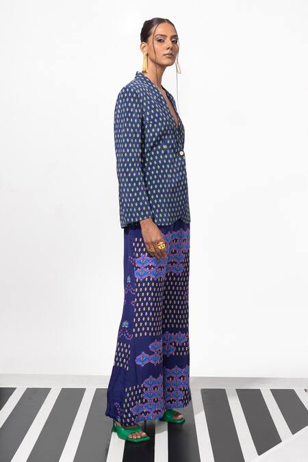 Buy Nautanky Blue Natural Crepe Floral Jaal Notched Lapel Livin Rent Free Blazer And Pant Set Online at Aza Fashions Buy_Nautanky_Blue Natural Crepe Floral Jaal Notched Lapel Livin Rent Free Blazer And Pant Set _Online_at_Aza_Fashions