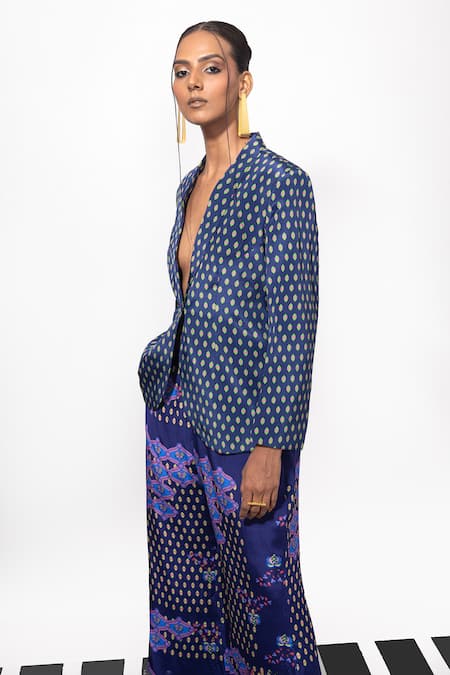 Shop Nautanky Blue Natural Crepe Floral Jaal Notched Lapel Livin Rent Free Blazer And Pant Set Online at Aza Fashions Shop_Nautanky_Blue Natural Crepe Floral Jaal Notched Lapel Livin Rent Free Blazer And Pant Set _Online_at_Aza_Fashions