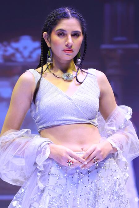 Buy Rina Dhaka Silver Net Sequins, Embroidery Scattered Bridal Lehenga Set Online at Aza Fashions Buy_Rina Dhaka_Silver Net Sequins, Embroidery Scattered Bridal Lehenga Set_Online_at_Aza_Fashions