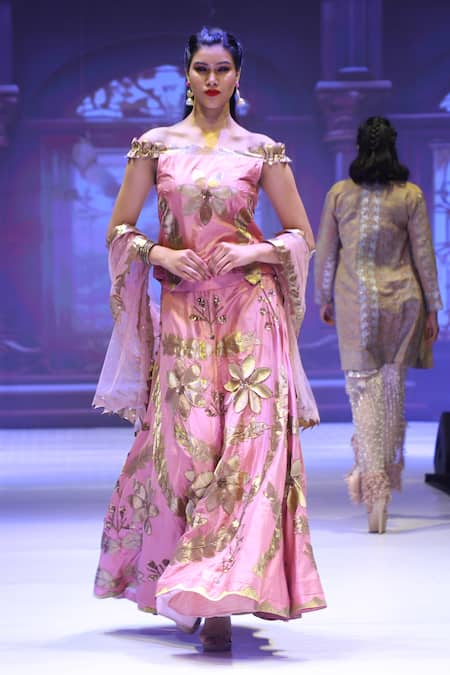 Rina Dhaka Pink Net Embroidery Gota Applique Straight Neck Lehenga Set