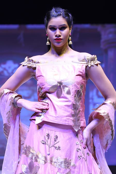 Shop_Rina Dhaka_Pink Net Gota Patti Off-shoulder Applique Embroidered Lehenga Set_at_Aza_Fashions