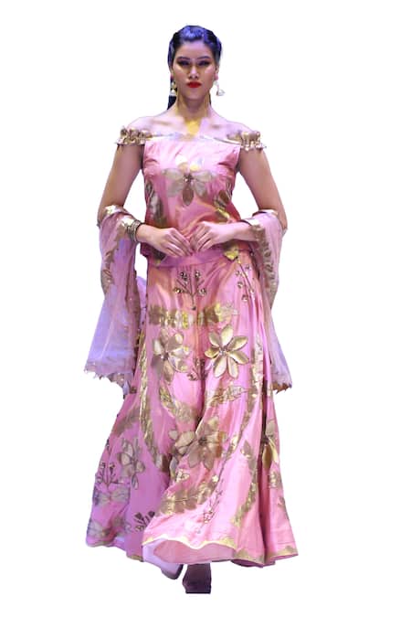 Rina Dhaka Pink Net Gota Patti Off-shoulder Applique Embroidered Lehenga Set Online at Aza Fashions Rina Dhaka_Pink Net Gota Patti Off-shoulder Applique Embroidered Lehenga Set_Online_at_Aza_Fashions