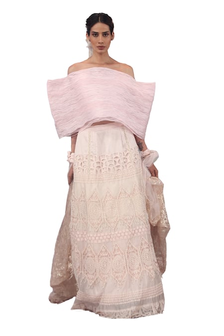 Rina Dhaka Pink Chanderi Silk Beads, Lace Asymmetric Shrug And Skirt Set Online at Aza Fashions Rina Dhaka_Pink Chanderi Silk Beads, Lace Asymmetric Shrug And Skirt Set_Online_at_Aza_Fashions