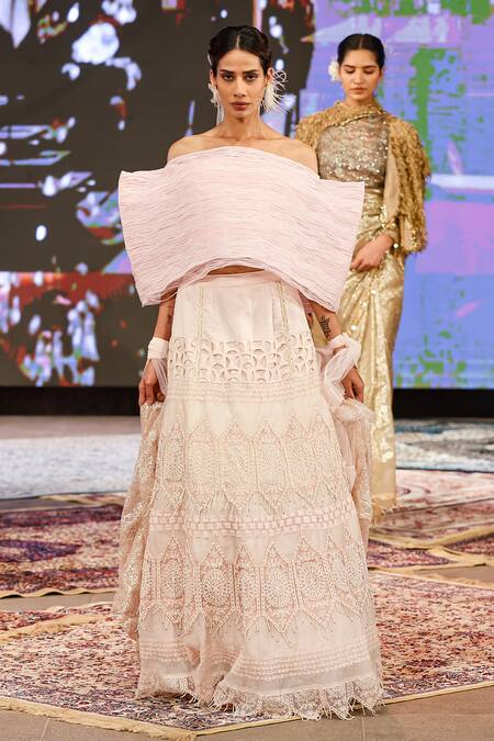 Shop Rina Dhaka Pink Chanderi Silk Beads, Lace Asymmetric Shrug And Skirt Set at Aza Fashions Shop_Rina Dhaka_Pink Chanderi Silk Beads, Lace Asymmetric Shrug And Skirt Set_at_Aza_Fashions