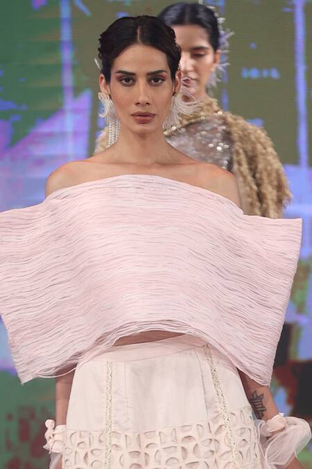 Buy Rina Dhaka Pink Chanderi Silk Beads, Lace Asymmetric Shrug And Skirt Set Online at Aza Fashions Buy_Rina Dhaka_Pink Chanderi Silk Beads, Lace Asymmetric Shrug And Skirt Set_Online_at_Aza_Fashions