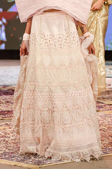 Shop Rina Dhaka Pink Chanderi Silk Beads, Lace Asymmetric Shrug And Skirt Set Online at Aza Fashions Shop_Rina Dhaka_Pink Chanderi Silk Beads, Lace Asymmetric Shrug And Skirt Set_Online_at_Aza_Fashions