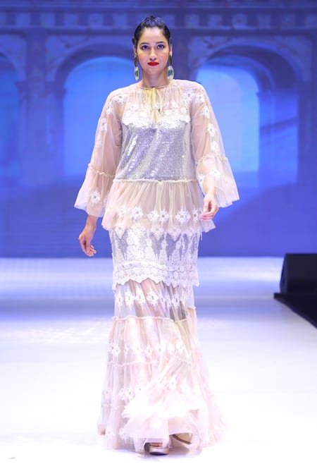 Shop_Rina Dhaka_Silver Net Embellished Floral Lace Keyhole Schiffli Skirt And Blouse Set _at_Aza_Fashions