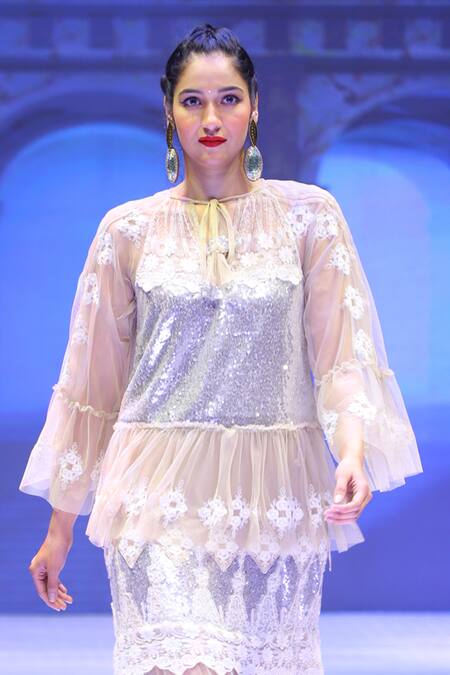 Buy_Rina Dhaka_Silver Net Embellished Floral Lace Keyhole Schiffli Skirt And Blouse Set _Online_at_Aza_Fashions