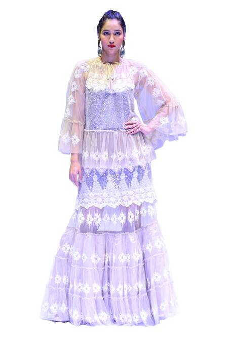 Shop_Rina Dhaka_Silver Net Embellished Floral Lace Keyhole Schiffli Skirt And Blouse Set _Online_at_Aza_Fashions