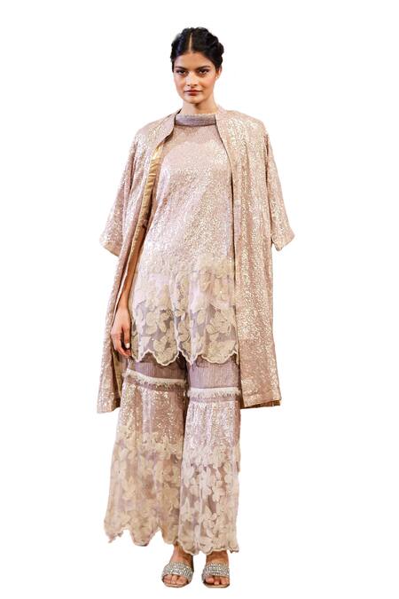 Rina Dhaka Purple Georgette Sequins Mandarin Collar Embroidered Jacket Sharara Set Online at Aza Fashions Rina Dhaka_Purple Georgette Sequins Mandarin Collar Embroidered Jacket Sharara Set_Online_at_Aza_Fashions