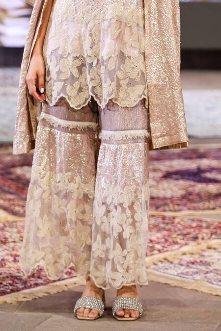 Buy Rina Dhaka Purple Georgette Sequins Mandarin Collar Embroidered Jacket Sharara Set Online at Aza Fashions Buy_Rina Dhaka_Purple Georgette Sequins Mandarin Collar Embroidered Jacket Sharara Set_Online_at_Aza_Fashions