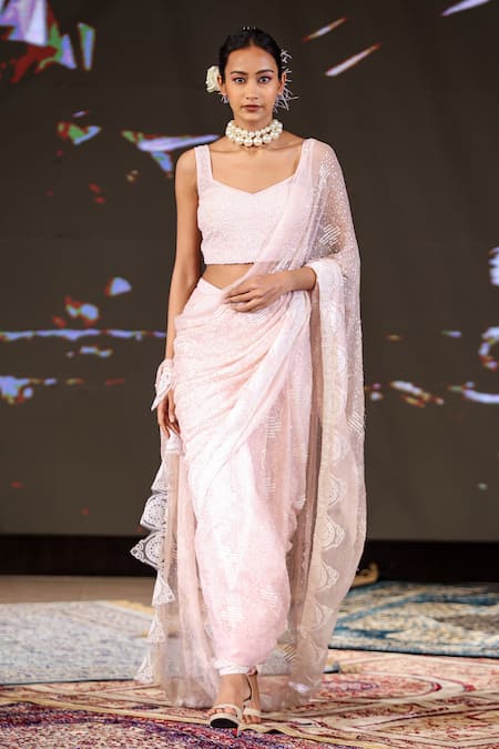 Rina Dhaka Pink Chiffon Embroidery Sequin Notched Concept Saree With Blouse
