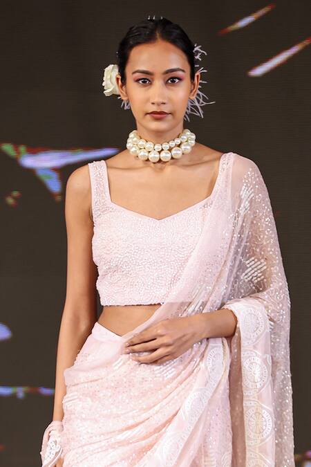 Shop Rina Dhaka Pink Chiffon Sequins, Embroidery Split V-neck Concept Saree With Blouse at Aza Fashions Shop_Rina Dhaka_Pink Chiffon Sequins, Embroidery Split V-neck Concept Saree With Blouse_at_Aza_Fashions