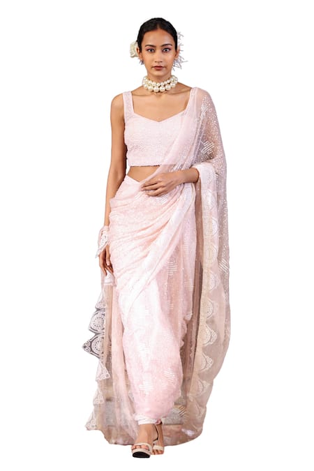 Rina Dhaka Pink Chiffon Sequins, Embroidery Split V-neck Concept Saree With Blouse Online at Aza Fashions Rina Dhaka_Pink Chiffon Sequins, Embroidery Split V-neck Concept Saree With Blouse_Online_at_Aza_Fashions
