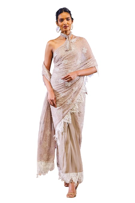 Rina Dhaka Grey Chiffon Sequins, Embroidery Halter Bead Tassel Concept Saree With Blouse Online at Aza Fashions Rina Dhaka_Grey Chiffon Sequins, Embroidery Halter Bead Tassel Concept Saree With Blouse _Online_at_Aza_Fashions
