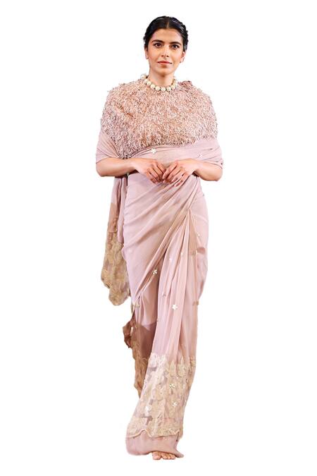 Rina Dhaka_Purple Georgette Embroidery Round Neck Floral Lace Saree With Blouse _Online_at_Aza_Fashions