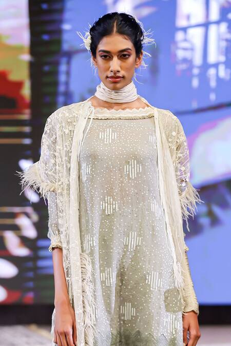 Rina Dhaka Green Net Sequins, Embroidery, Cut Work Round Neck Jacket Kurta And Pant Set Online at Aza Fashions Rina Dhaka_Green Net Sequins, Embroidery, Cut Work Round Neck Jacket Kurta And Pant Set _Online_at_Aza_Fashions