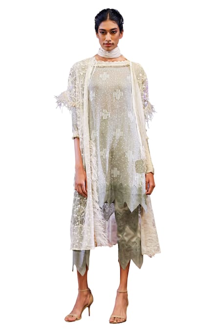 Buy Rina Dhaka Green Net Sequins, Embroidery, Cut Work Round Neck Jacket Kurta And Pant Set Online at Aza Fashions Buy_Rina Dhaka_Green Net Sequins, Embroidery, Cut Work Round Neck Jacket Kurta And Pant Set _Online_at_Aza_Fashions