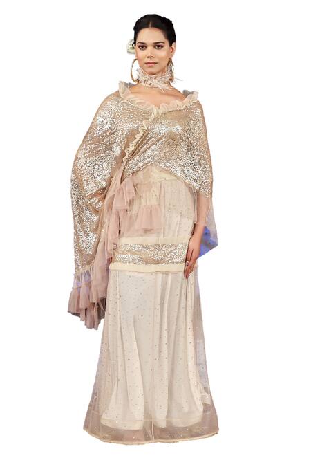 Rina Dhaka Cream Net Crystals, Sequins Embroidered Skirt Saree With Blouse Online at Aza Fashions Rina Dhaka_Cream Net Crystals, Sequins Embroidered Skirt Saree With Blouse_Online_at_Aza_Fashions