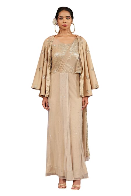 Buy_Rina Dhaka_Off White Organza Embroidery Crystal V Neck Saree Gown _Online_at_Aza_Fashions