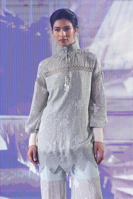 Shop Rina Dhaka Green Georgette Sequins, Beads Collared Embroidered Kurta And Sharara Set at Aza Fashions Shop_Rina Dhaka_Green Georgette Sequins, Beads Collared Embroidered Kurta And Sharara Set _at_Aza_Fashions