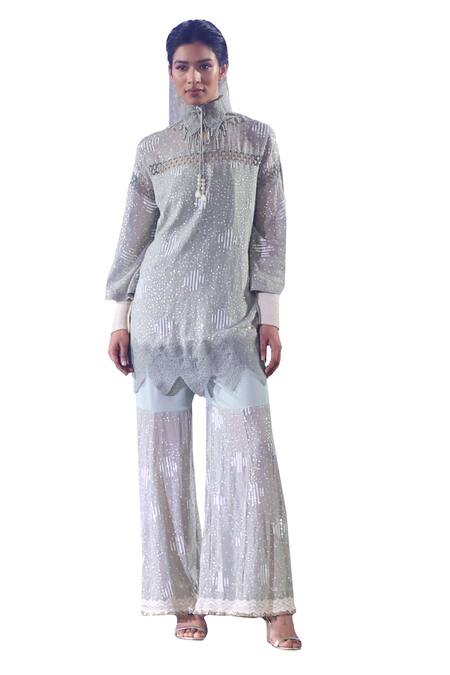 Buy Rina Dhaka Green Georgette Sequins, Beads Collared Embroidered Kurta And Sharara Set Online at Aza Fashions Buy_Rina Dhaka_Green Georgette Sequins, Beads Collared Embroidered Kurta And Sharara Set _Online_at_Aza_Fashions