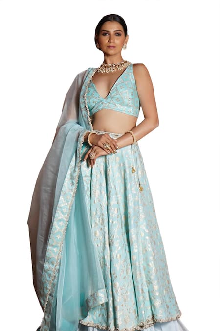 Buy_Monk & Mei By Sonia Anand_Blue Brocade Pearls, Mirrors Plunge Neck Floral Woven Lehenga Set 
