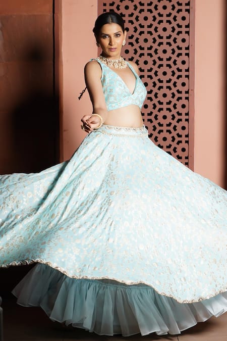 Shop_Monk & Mei By Sonia Anand_Blue Brocade Pearls, Mirrors Plunge Neck Floral Woven Lehenga Set 