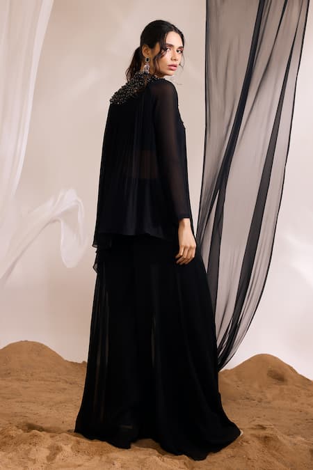 Shop_Divya Aggarwal_Black Chanderi Silk, Georgette Adaline Embellished Kurta And Flared Pant Set _at_Aza_Fashions