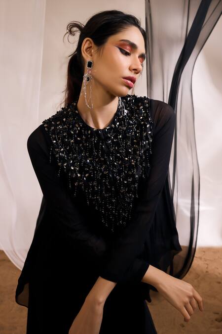 Divya Aggarwal_Black Chanderi Silk, Georgette Adaline Embellished Kurta And Flared Pant Set _Online_at_Aza_Fashions