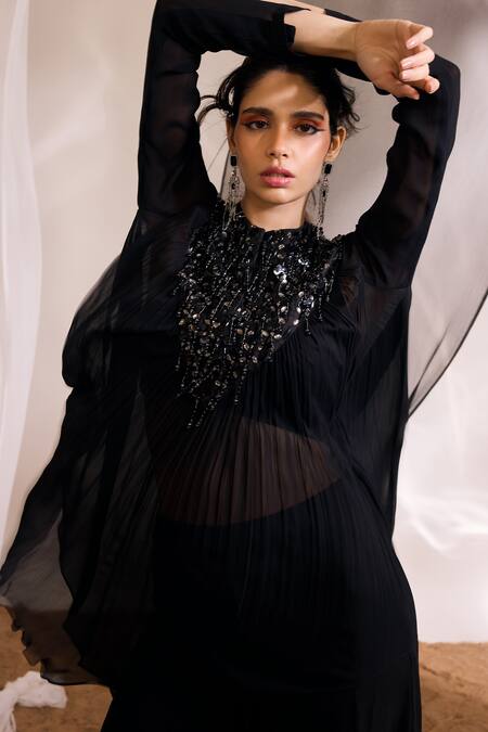 Buy_Divya Aggarwal_Black Chanderi Silk, Georgette Adaline Embellished Kurta And Flared Pant Set _Online_at_Aza_Fashions