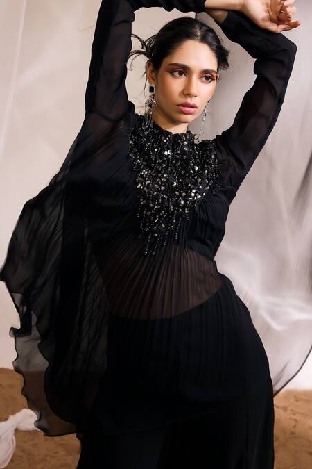 Shop_Divya Aggarwal_Black Chanderi Silk, Georgette Adaline Embellished Kurta And Flared Pant Set _Online_at_Aza_Fashions