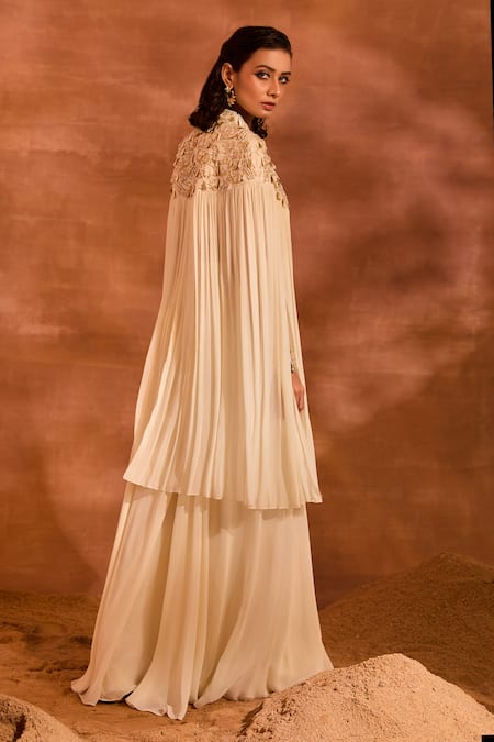 Shop Divya Aggarwal Ivory Chanderi Silk, Georgette Alicia Embellished Cape And Pant Set at Aza Fashions Shop_Divya Aggarwal_Ivory Chanderi Silk, Georgette Alicia Embellished Cape And Pant Set _at_Aza_Fashions