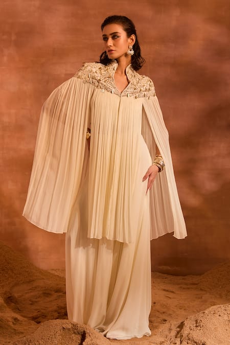 Divya Aggarwal Ivory Chanderi Silk, Georgette Alicia Embellished Cape And Pant Set Online at Aza Fashions Divya Aggarwal_Ivory Chanderi Silk, Georgette Alicia Embellished Cape And Pant Set _Online_at_Aza_Fashions
