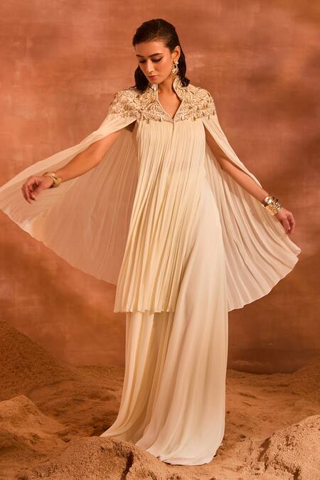 Buy Divya Aggarwal Ivory Chanderi Silk, Georgette Alicia Embellished Cape And Pant Set Online at Aza Fashions Buy_Divya Aggarwal_Ivory Chanderi Silk, Georgette Alicia Embellished Cape And Pant Set _Online_at_Aza_Fashions