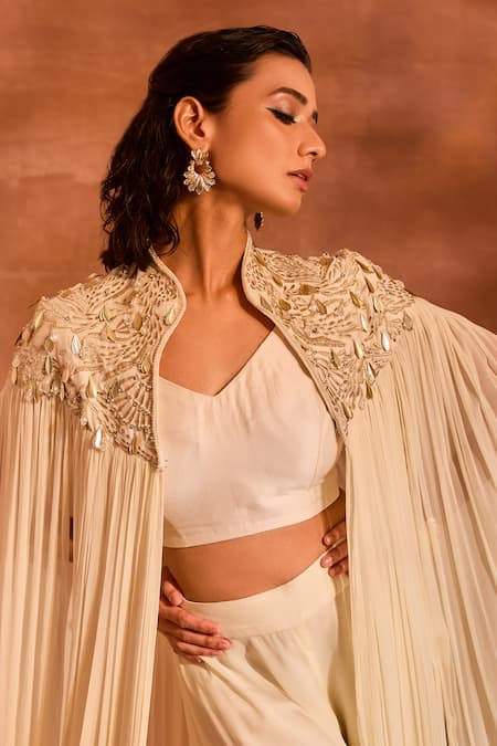 Divya Aggarwal Ivory Chanderi Silk, Georgette Alicia Embellished Cape And Pant Set at Aza Fashions Divya Aggarwal_Ivory Chanderi Silk, Georgette Alicia Embellished Cape And Pant Set _at_Aza_Fashions